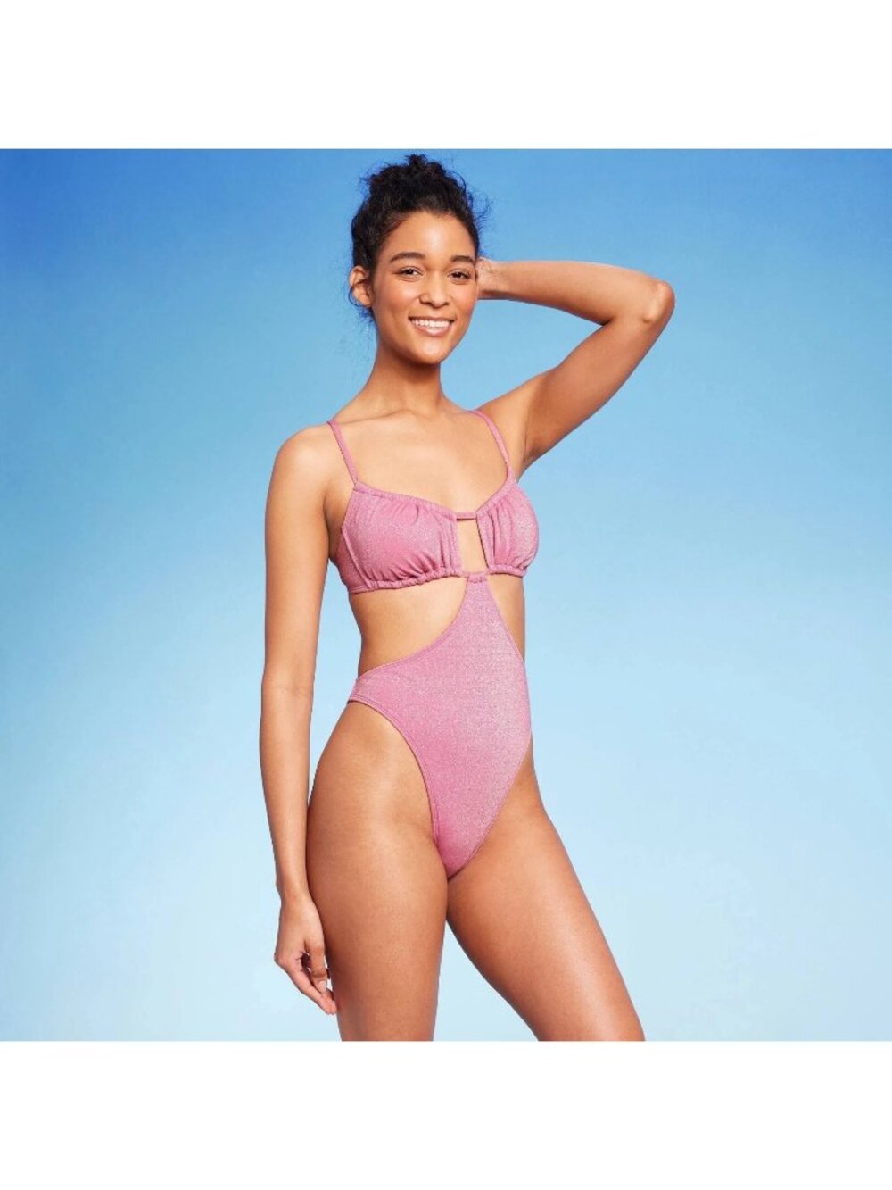 Wild Fable Mauve Pink Lurex Side Cut Outs Cheeky 1 Piece Swimsuit -- Large 12-14